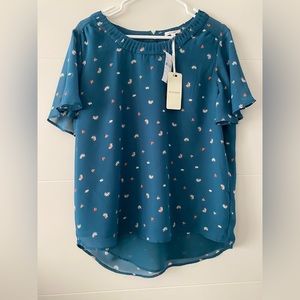 NWT Pleione Cute Turquoise Blouse With Floral Print